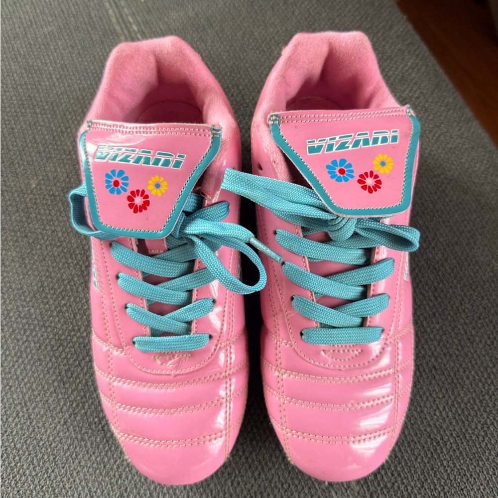 Pink Kids Cleats with Blue Accents & Floral Designs